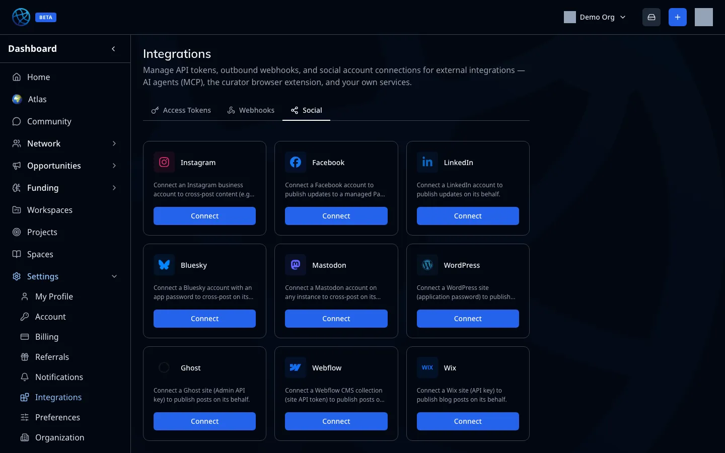 The Social tab: the channels an organisation can connect and post to