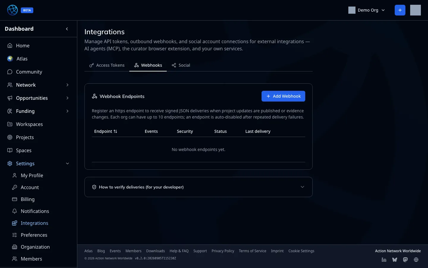 Outbound webhook endpoints, with their signing and delivery state