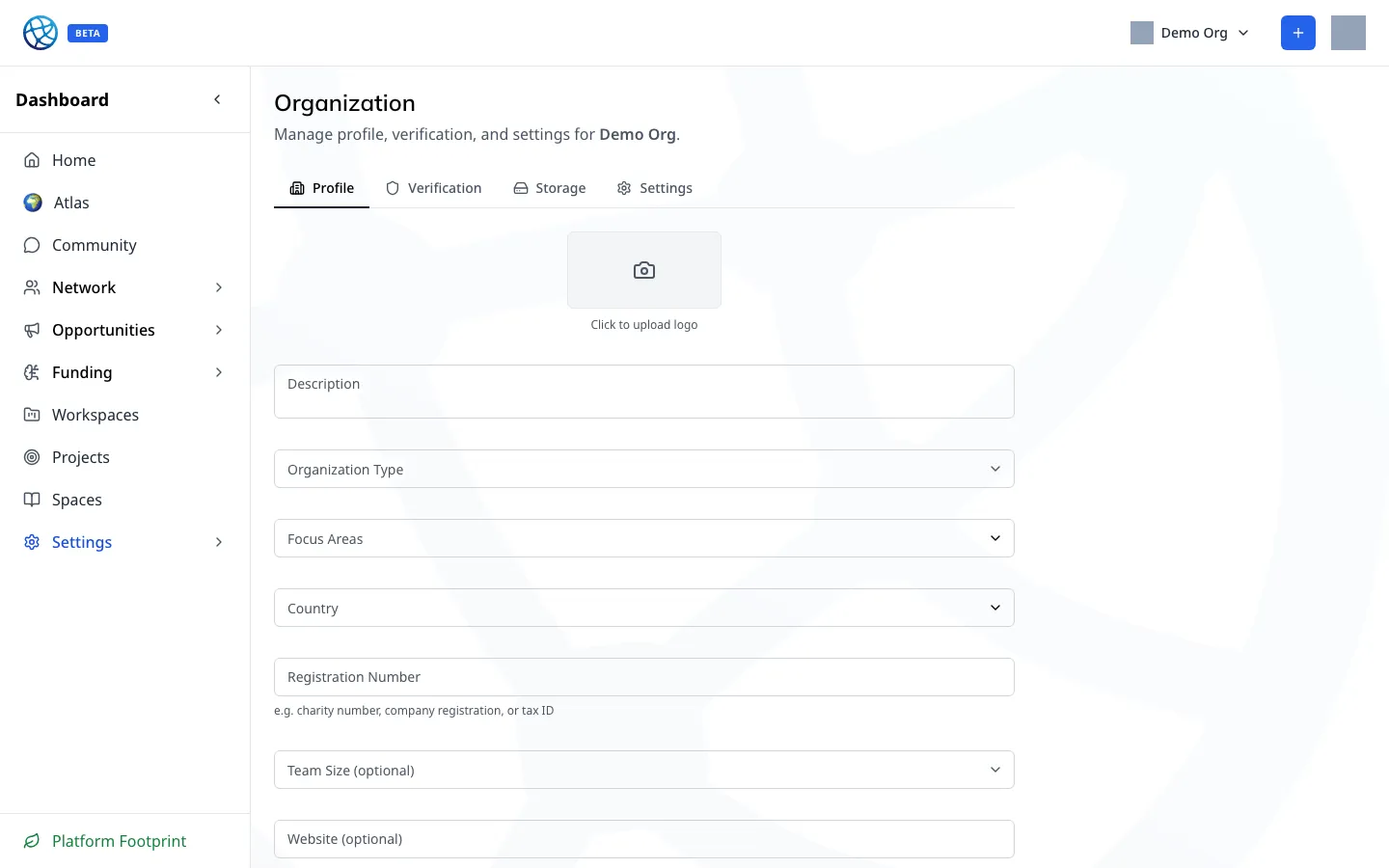 The organisation settings screen, as it opens