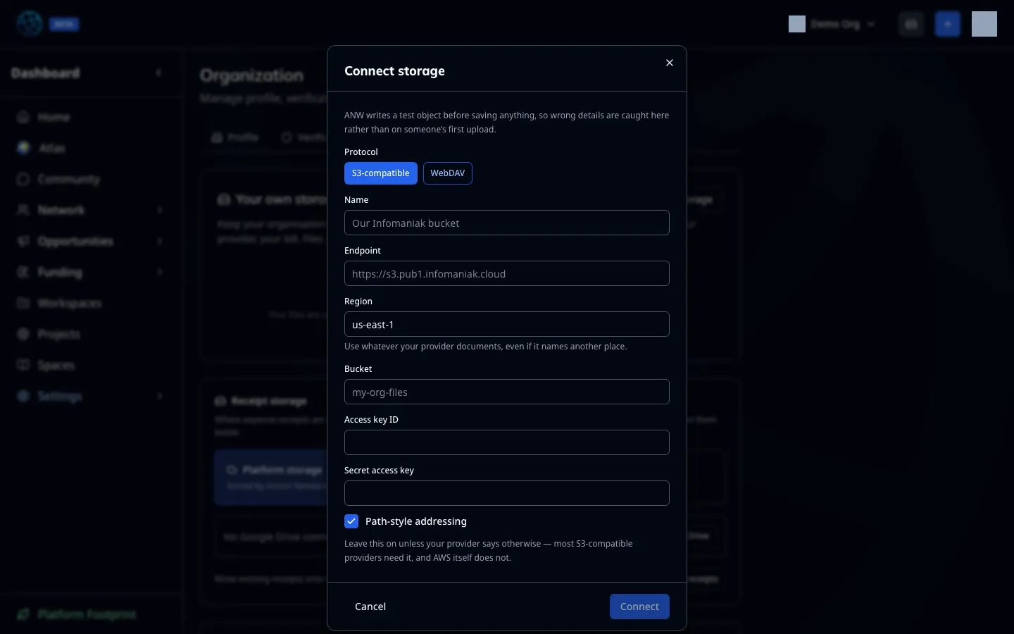 The connect dialog: provider, endpoint, bucket and credentials