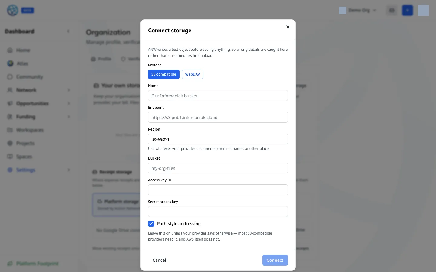 The connect dialog: provider, endpoint, bucket and credentials
