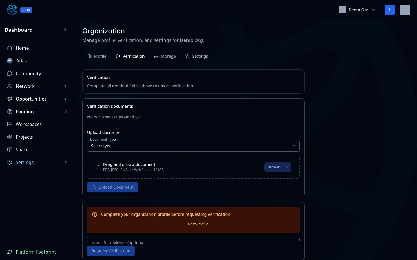 Requesting verification — documents, types and notes for the reviewer