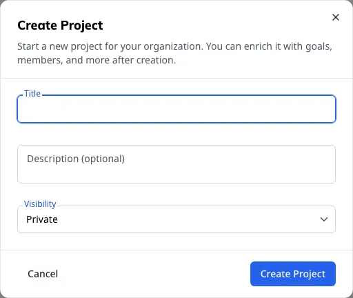 Starting a project — title, description and who can see it