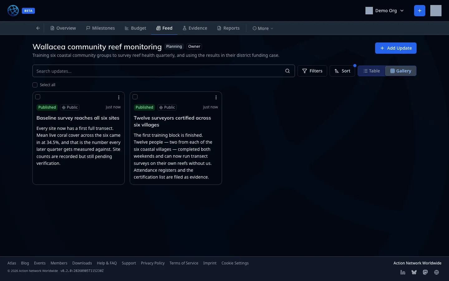 The project feed — updates as the public sees them