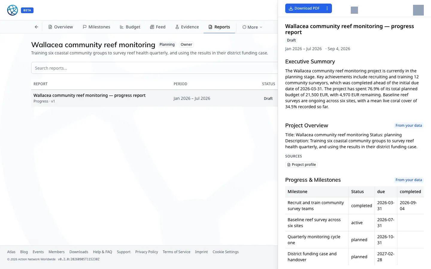 A generated progress report, open beside the report list