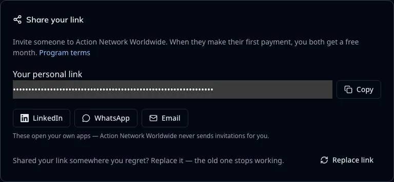 Your personal referral link, with the ways to send it
