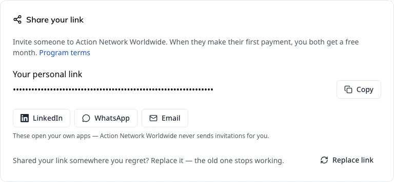 Your personal referral link, with the ways to send it