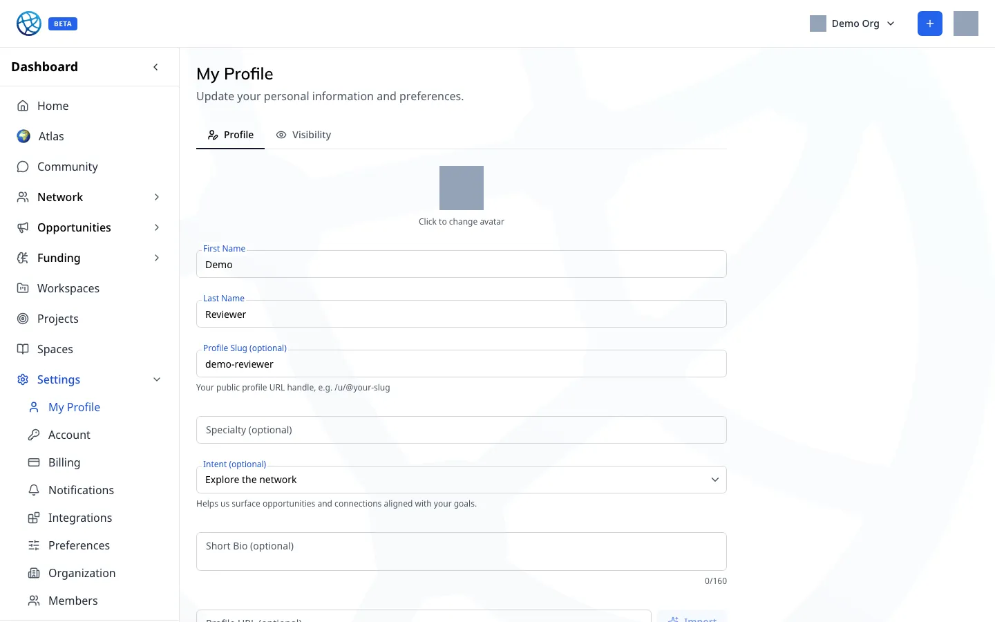 The profile fields matching reads — specialty, needs, offers, interests, match tags